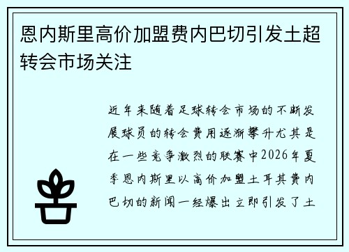恩内斯里高价加盟费内巴切引发土超转会市场关注